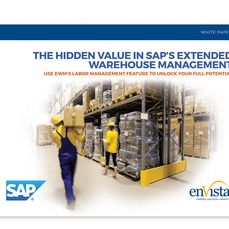 Cover of a white paper titled The Hidden Value in SAP’s Extended Warehouse Management. Two workers in yellow vests and helmets handle boxes in a warehouse. Logos for SAP and enVista are shown.
