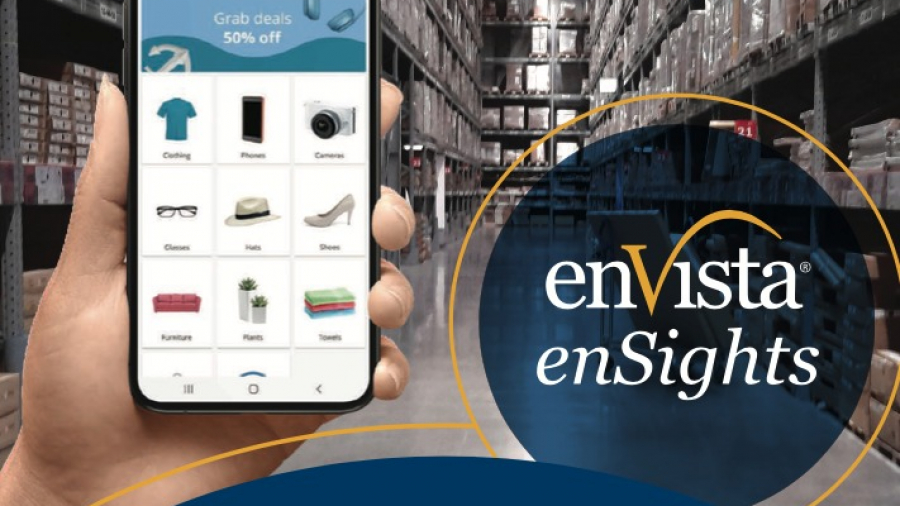 A hand holds a smartphone displaying an online shopping app in a large warehouse with shelves of boxes. Text reads: “Are Your Distribution Center Operations Ready to Pivot to e-Commerce? enVista enSights.”.