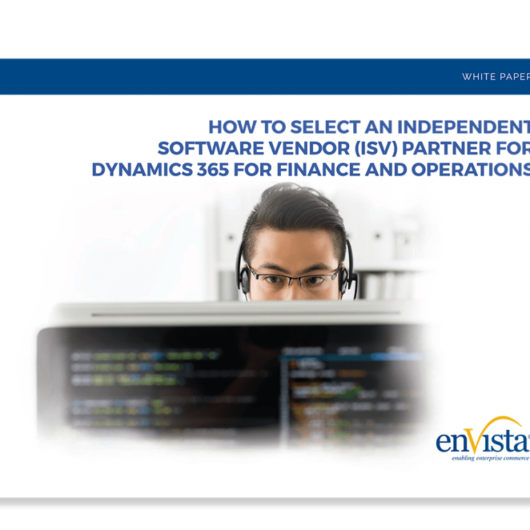 A person wearing glasses looks at a computer screen filled with code. The text reads: “How to Select an Independent Software Vendor (ISV) Partner for Dynamics 365 for Finance and Operations.” The enVista logo is at the bottom right.