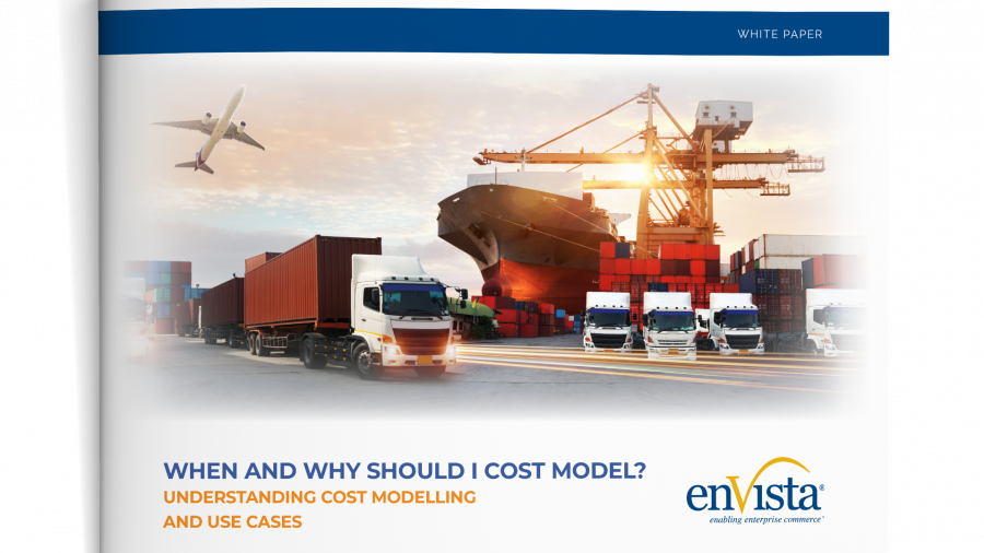 Cover of a white paper titled When and Why Should I Cost Model? featuring images of a cargo ship, shipping containers, trucks, and an airplane, with the enVista logo at the bottom right corner.