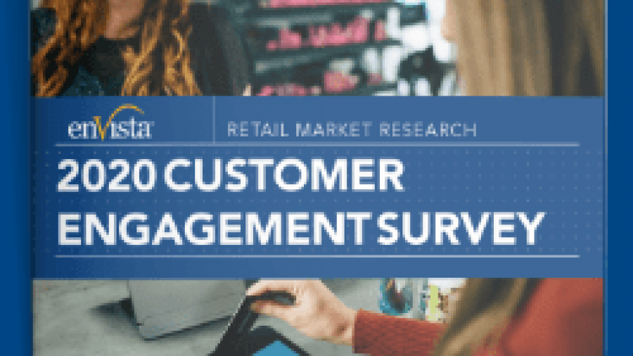 Cover of a booklet titled 2020 Customer Engagement Survey by enVista, featuring people using a tablet and shopping in a retail environment. Blue and white text overlays the image.