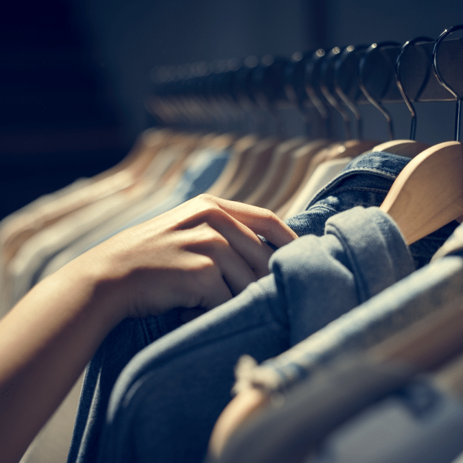 A person’s hand is browsing through a row of clothes on hangers, selecting or inspecting a garment in a softly lit store or closet.