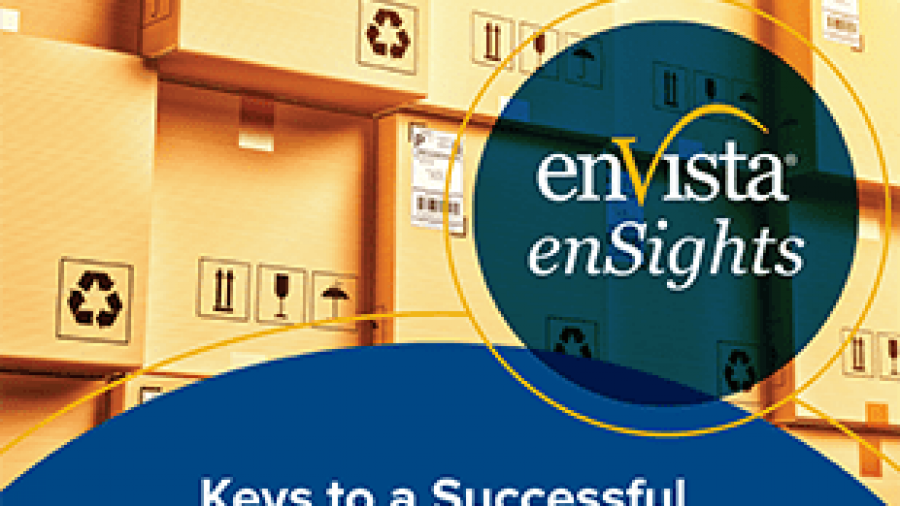 Stacked cardboard shipping boxes with recycling symbols and barcodes. In the foreground is a blue banner with the text enVista enSights: Keys to a Successful Drop Ship Implementation by Chad Andrews.