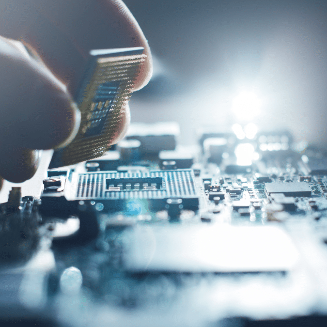 A close-up of a hand installing a computer processor onto a motherboard, with a soft light illuminating the circuit board and electronic components.