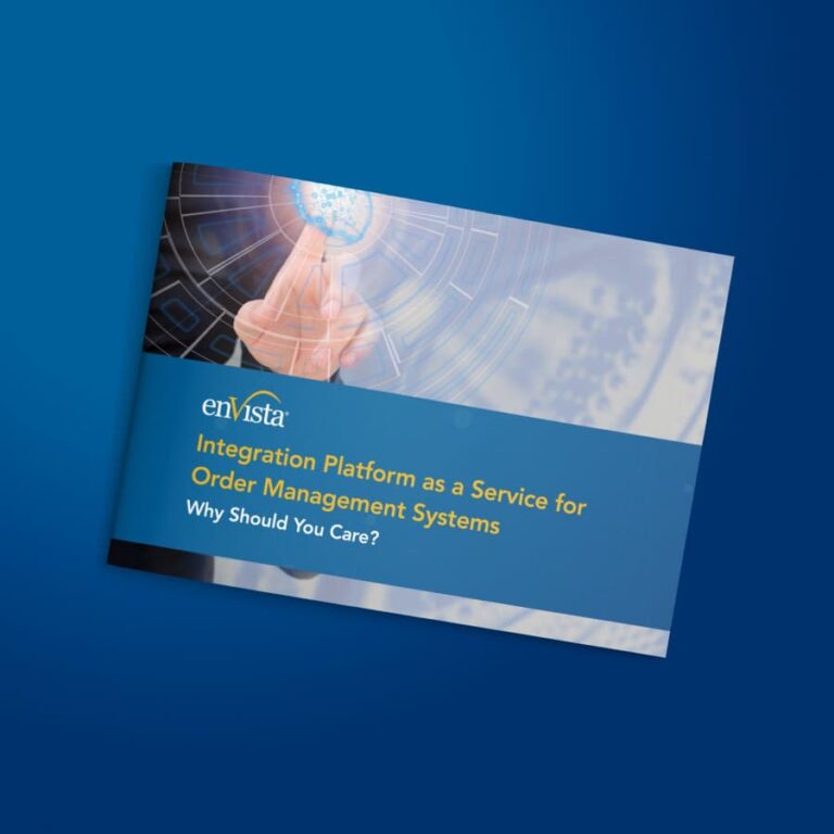 A booklet titled Integration Platform as a Service for Order Management Systems: Why Should You Care? by enVista, featuring a hand touching a virtual interface on a blue background.