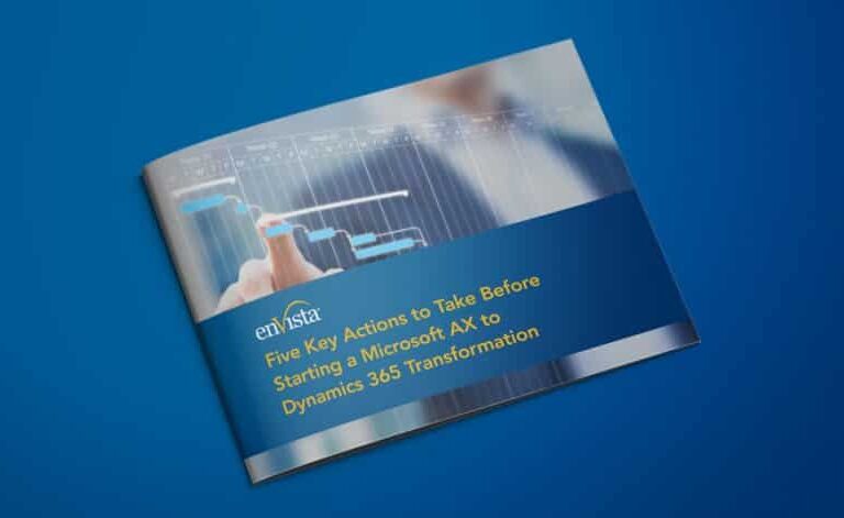 A brochure with a blurred image of a person pointing at a digital chart. The cover text reads: Five Key Actions to Take Before Starting a Microsoft AX to Dynamics 365 Transformation.