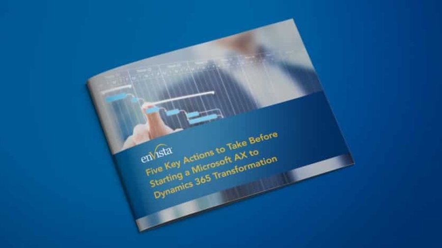 A brochure with a blurred image of a person pointing at a digital chart. The cover text reads: Five Key Actions to Take Before Starting a Microsoft AX to Dynamics 365 Transformation.