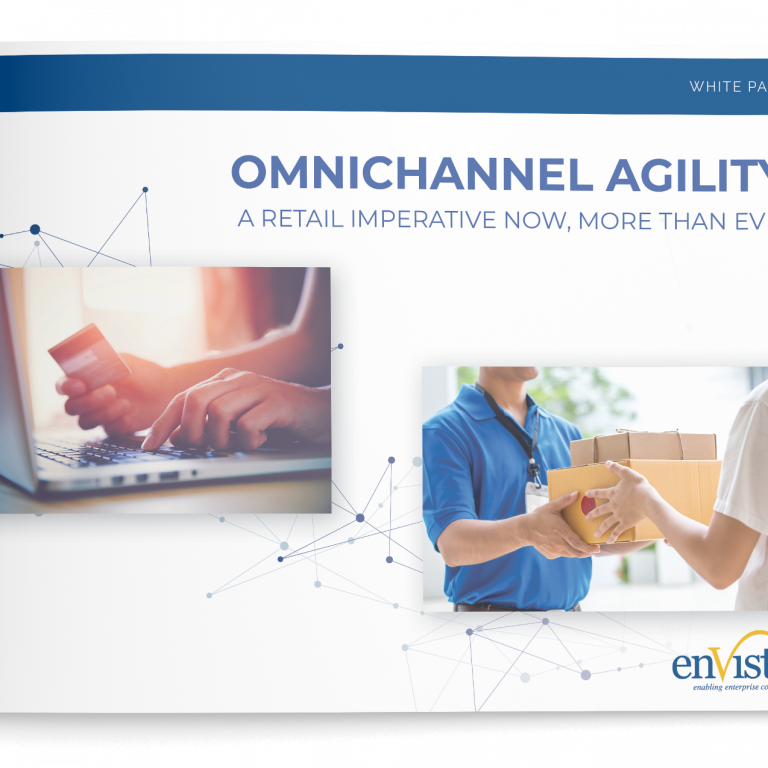 White paper cover titled Omnichannel Agility: A Retail Imperative Now, More Than Ever, with images of hands typing on a laptop with a credit card and a courier handing a box to a customer.