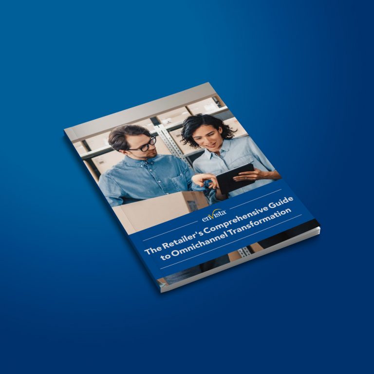 A book titled The Retailers Comprehensive Guide to Omnichannel Transformation lies on a blue surface. The cover shows two people in a warehouse, one holding a digital tablet and the other checking a cardboard box—perfect for those exploring digital commerce consulting.