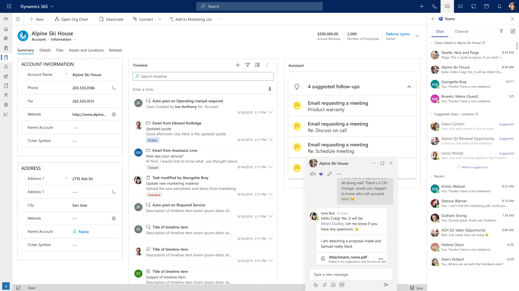 Screenshot of a Dynamics 365 Sales account overview showing account details, a timeline of activities, suggested follow-ups, and a chat window with a virtual assistant on the right side of the screen.