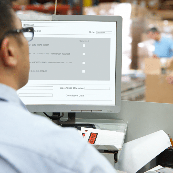 A person wearing glasses sits at a desk using a computer with a warehouse management interface on the screen; shelves and another worker are seen blurred in the background.