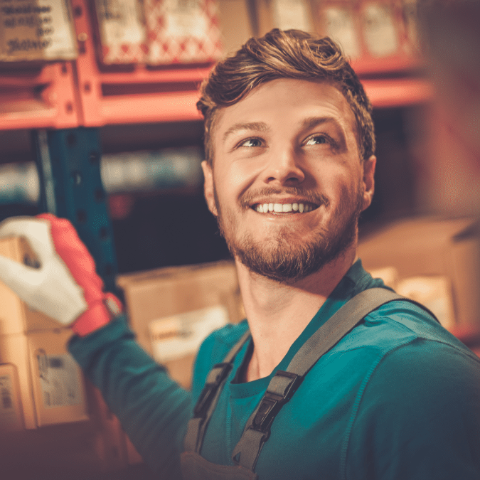 A smiling man wearing work gloves and an apron is organizing boxes on shelves in a warehouse or storage area, looking up with a cheerful expression.