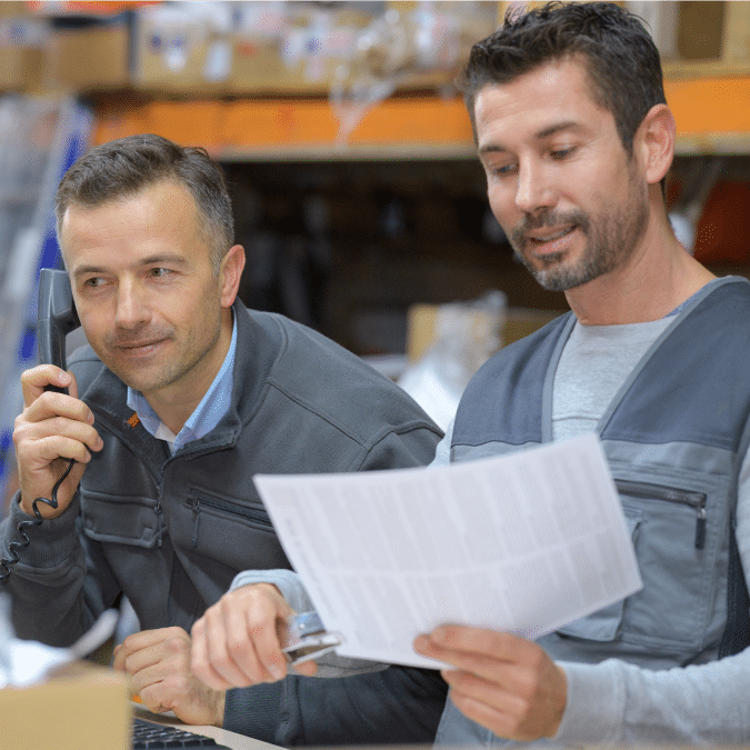 Two men in work uniforms sit in a warehouse. One is talking on the phone while the other reviews a document. Shelves with boxes and packages are visible in the background.