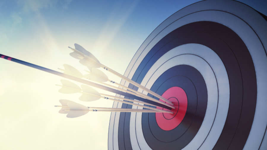 A group of arrows clustered tightly in the bullseye of an archery target, with sunlight and a blue sky in the background, symbolizing precision and accuracy.