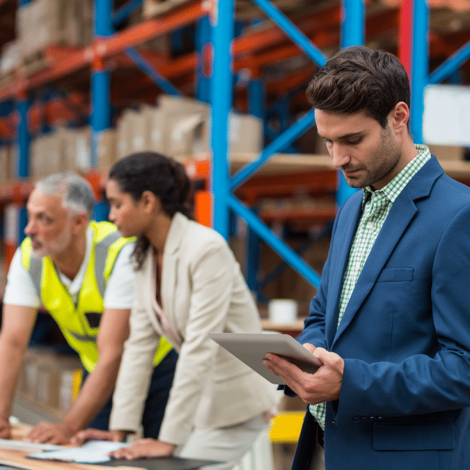 A man in a blue suit uses a tablet in a warehouse, supporting Lean Process Improvements, while two colleagues—one in a safety vest and one in business attire—review documents at a table. Shelves with boxes line the warehouse.