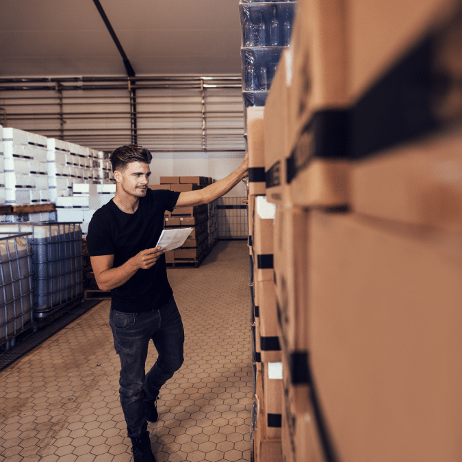 A man in a black t-shirt holds a checklist while examining stacked cardboard boxes in a warehouse, appearing to take inventory or check deliveries.