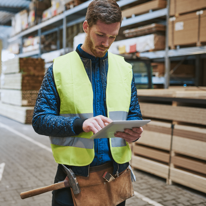 A worker in a yellow safety vest stands in a warehouse, using a tablet for warehouse optimization. He has a tool belt with tools, and stacks of wooden boards are visible in the background.