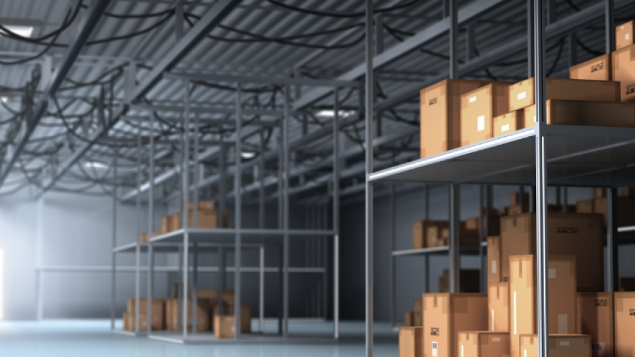 A spacious warehouse with metal shelves holding neatly stacked brown cardboard boxes, illuminated by soft natural light coming through large windows on the left side.