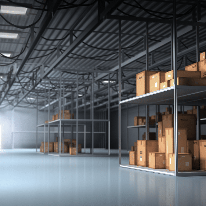 A spacious warehouse with metal shelves holding neatly stacked brown cardboard boxes, illuminated by soft natural light coming through large windows on the left side.
