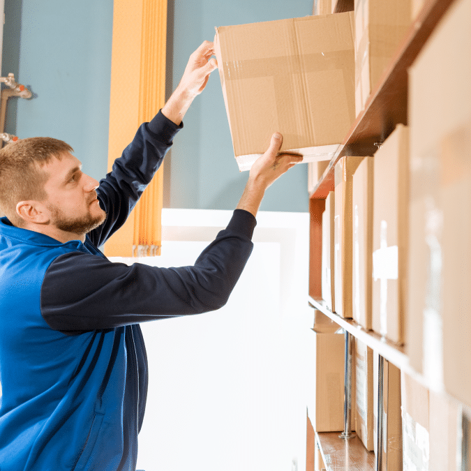 A man in a blue vest reaches up to place or retrieve a cardboard box from a high shelf in a storage or warehouse setting. Several other boxes are visible on the shelves around him.