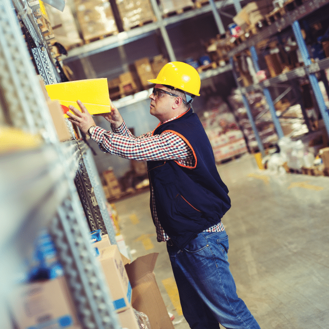 A worker wearing a yellow hard hat and safety vest reaches for a yellow box on a high shelf in a warehouse filled with boxes and supplies.