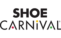 Shoe Carnival logo with the words SHOE CARNIVAL in bold, black letters. Colored dots appear on some letters: yellow on A, red on C, and green on V. The background is light gray, reflecting a vibrant retail consulting identity.