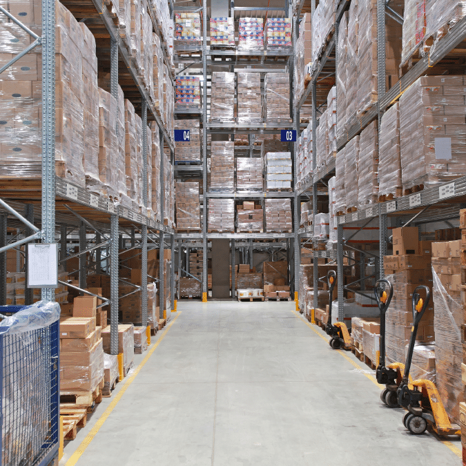A warehouse aisle lined with tall shelves stacked with pallets of boxes and goods showcases efficient warehouse design consulting. Three pallet jacks are visible on the right, and the floor is clear for movement and storage operations.