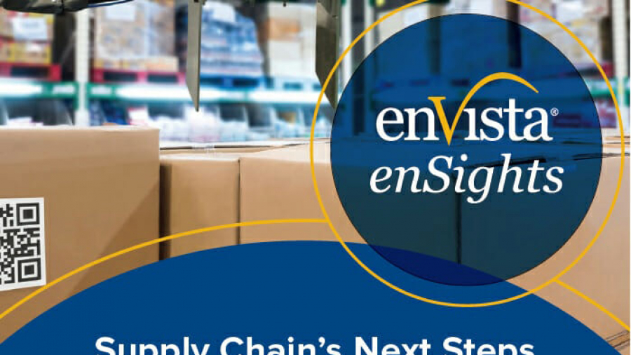 A robotic arm moves a box in a warehouse filled with shelves of goods. The text reads: enVista enSights. Supply Chain’s Next Steps Necessitate IOT Adoption. By: Ryan Kauzlick, enVista Senior Director.