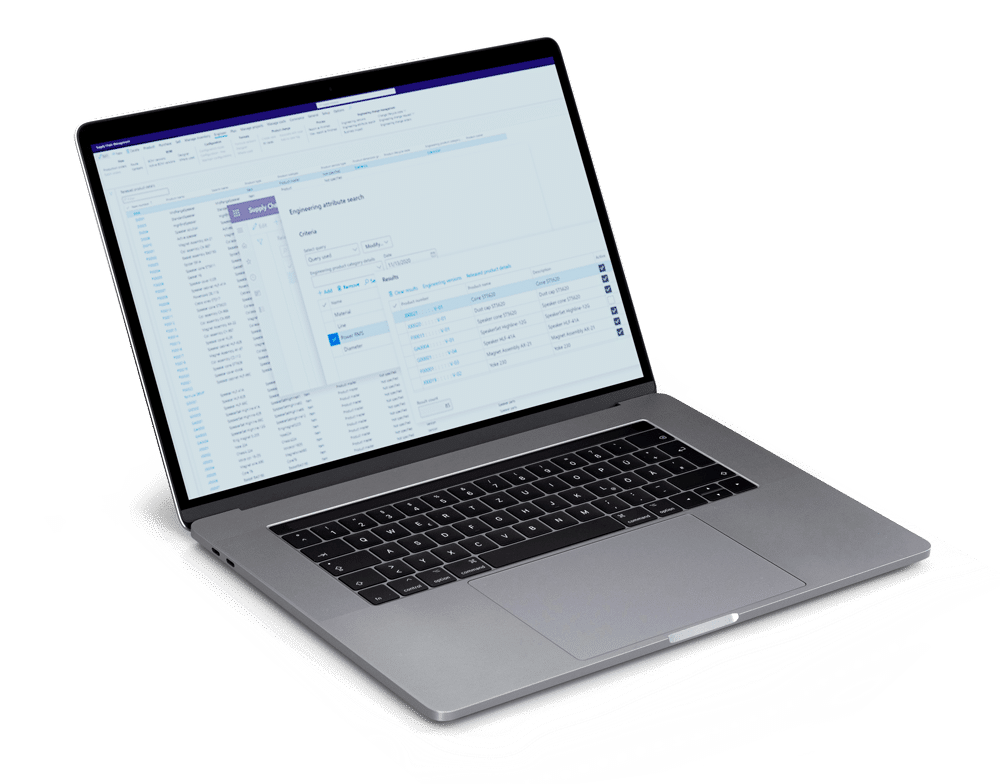 A silver laptop with a black keyboard displays a Dynamics 365 Supply Chain Management application on its screen, viewed from a high angle on a white background.