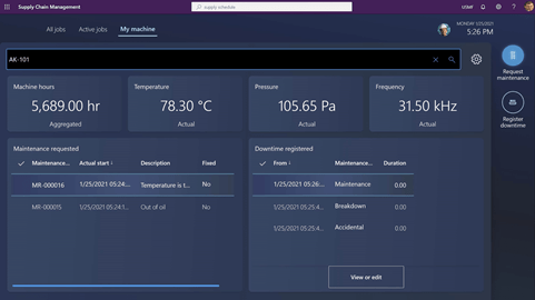 A dashboard for monitoring a machine in Dynamics 365 Supply Chain Management displays metrics: 56,059 hours runtime, 78.3°C temperature, 105.65 Pa pressure, and 31.50 kHz signal. Maintenance and downtime logs appear on the lower half of the screen.