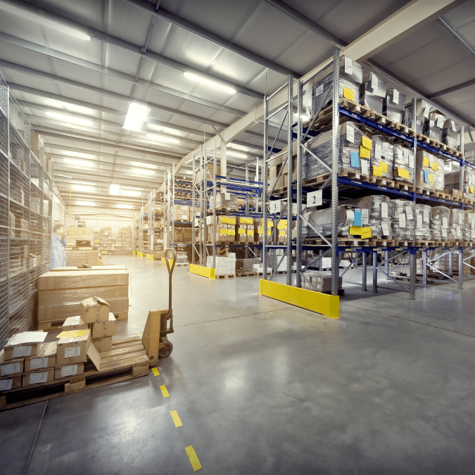 A spacious warehouse with tall shelves stacked with boxes and packages, a pallet jack, and organized aisles under a high ceiling with bright lighting.