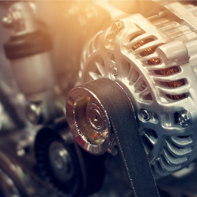 Close-up of a car engine showing a belt wrapped around a metal pulley and an alternator, with mechanical components blurred in the background. Warm lighting highlights the metal surfaces.