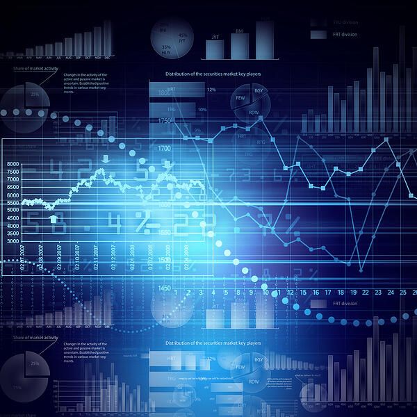 A digital graphic shows various financial charts, bar graphs, and fluctuating line graphs over a dark blue background, representing data analysis and market trends.