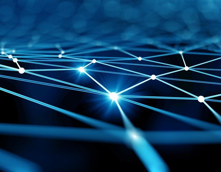 A digital illustration of interconnected glowing blue lines and white nodes on a dark background, representing a network or neural connections in a futuristic style.