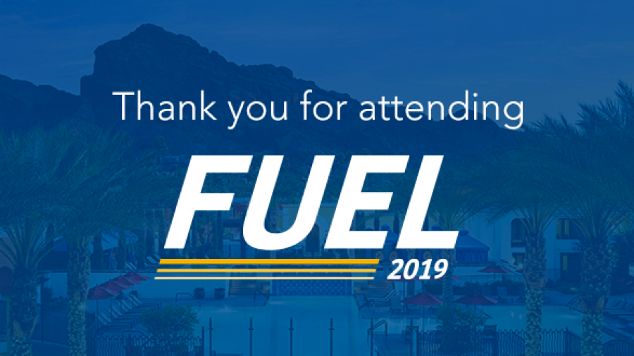 Blue graphic with palm trees and mountains in the background, overlaid text reads Thank you for attending FUEL 2019.