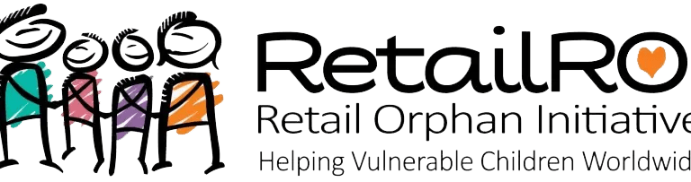 Logo for RetailROI (Retail Orphan Initiative) with four stylized stick-figure children holding hands, and the tagline “Helping Vulnerable Children Worldwide.” The O in ROI has a small orange heart inside.