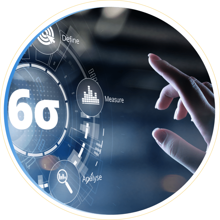 A hand interacts with a digital touchscreen displaying Six Sigma symbols and steps—Define, Measure, and Analyse—within a circular futuristic interface, illustrating Lean Process Improvements in action.