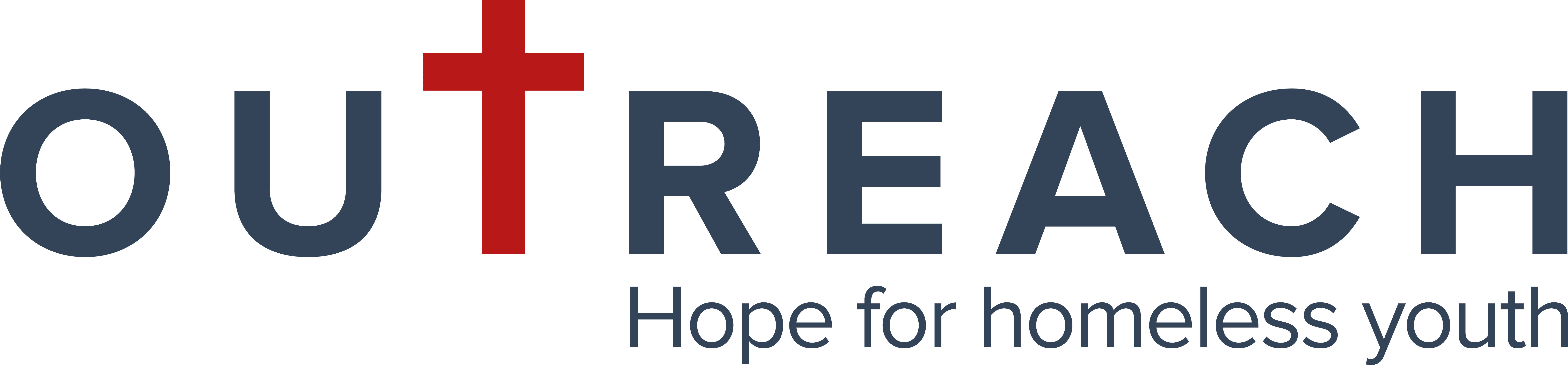 The word “OUTREACH” is written in bold navy letters, with the letter “T” stylized as a red Christian cross. Below, smaller text reads: “Hope for homeless youth.”.