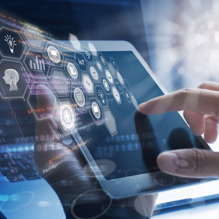 A person uses a tablet with digital icons and data graphics overlaid, representing technology, artificial intelligence, and digital communication concepts.