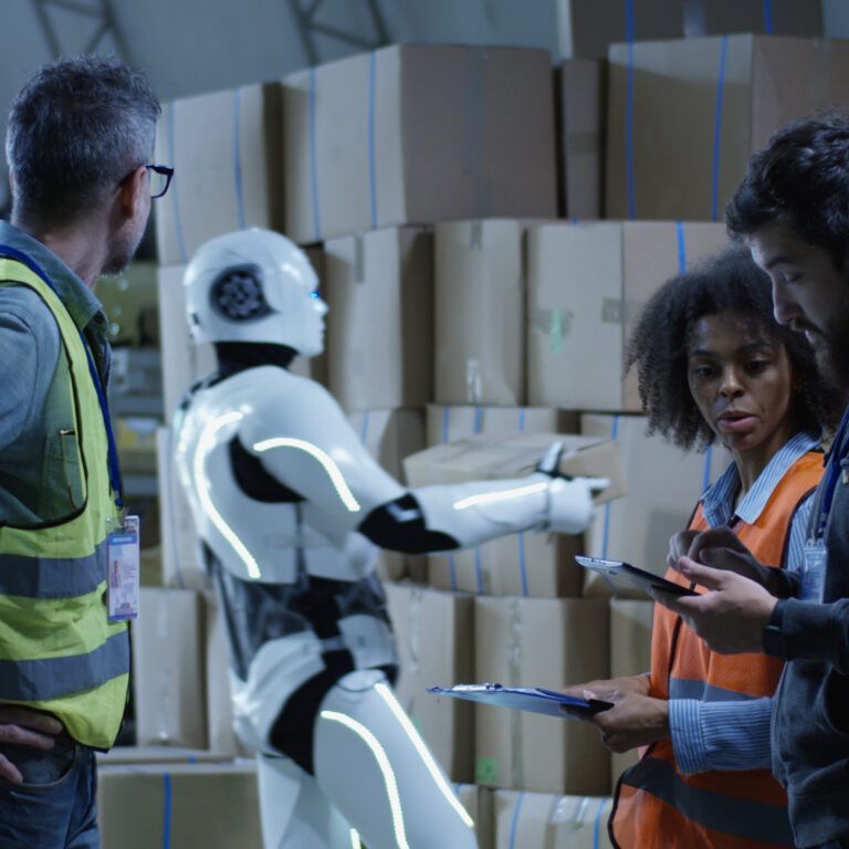 Three warehouse workers, two men and one woman, stand together with clipboards while a humanoid robot organizes cardboard boxes in the background. The setting appears to be an industrial storage area.