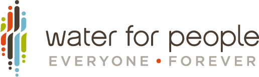 Logo for Water For People featuring stylized colored lines forming a water droplet shape on the left, with the words water for people and the slogan EVERYONE • FOREVER on the right.