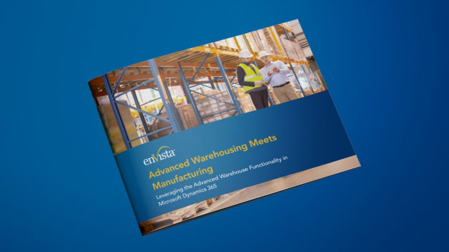 Booklet titled Advanced Warehousing Meets Manufacturing with a photo of two people in safety gear and hard hats inspecting a construction site, placed on a blue background.