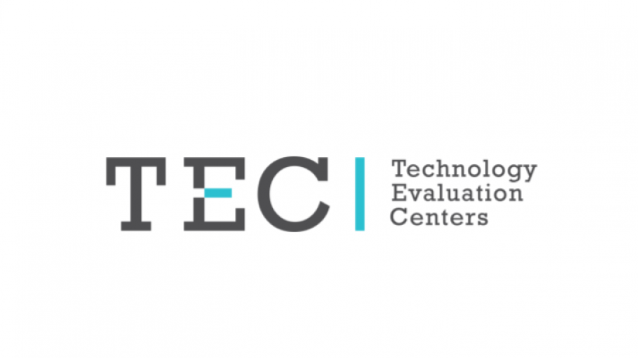 Logo with large gray letters TEC, with a blue line in the E. To the right, there is a vertical blue line, and the text Technology Evaluation Centers in black on a white background.