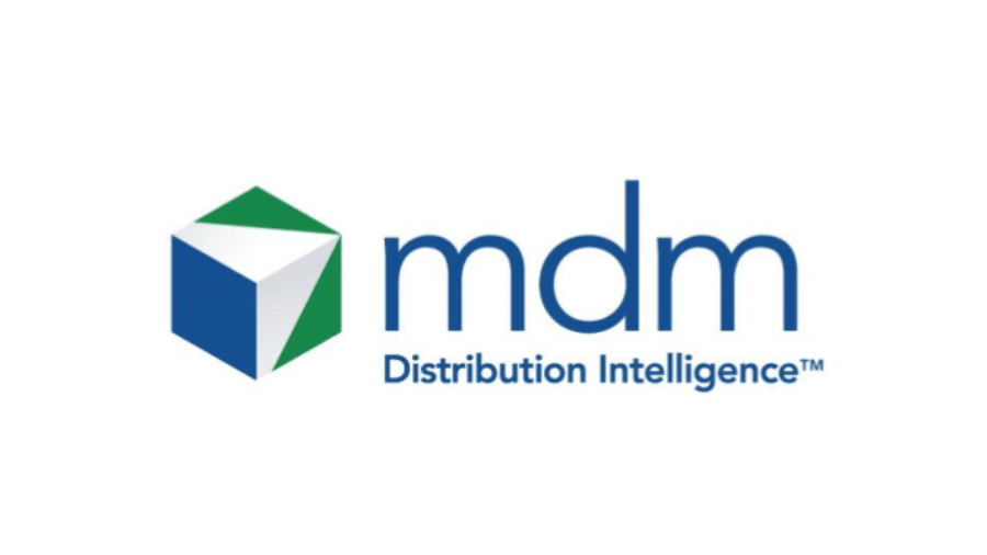 Logo with a blue and green geometric cube on the left, next to the text mdm in blue and Distribution Intelligence™ in smaller font below. The background is white.