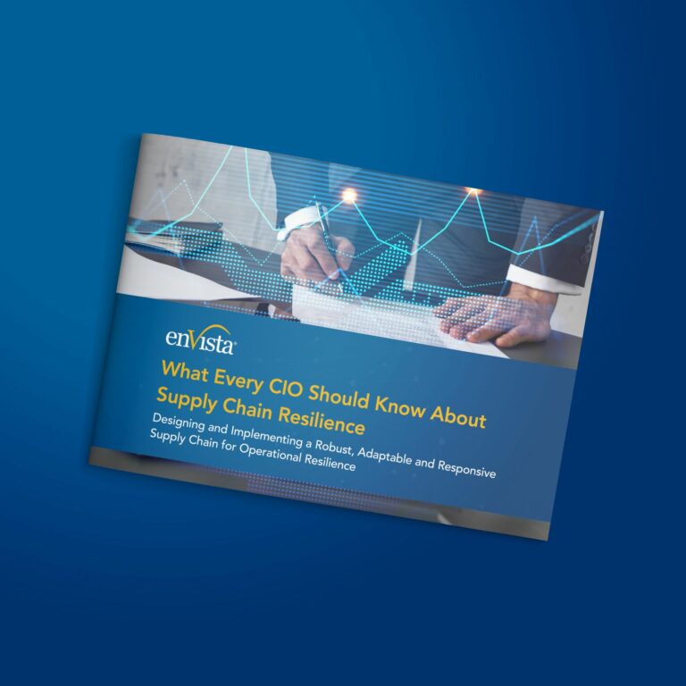 A brochure titled What Every CIO Should Know About Supply Chain Resilience by enVista, featuring a person writing on a tablet with digital graphs overlayed, on a blue gradient background.