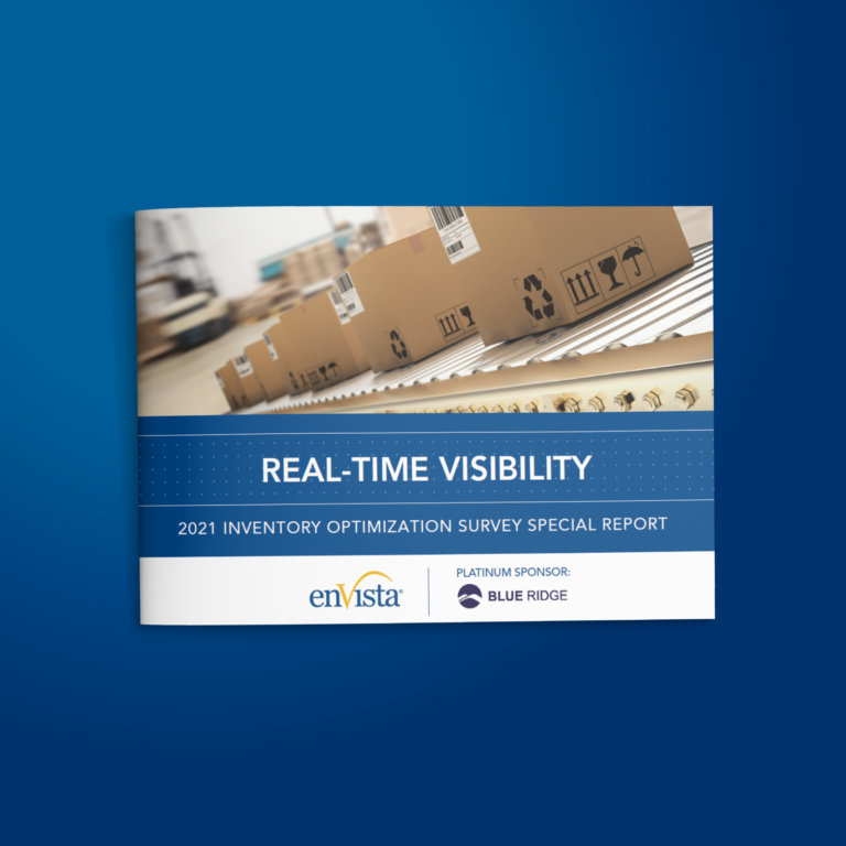A booklet titled REAL-TIME VISIBILITY: 2021 Inventory Optimization Survey Special Report with images of cardboard boxes on a conveyor belt. Logos for enVista and Blue Ridge are displayed on the cover.
