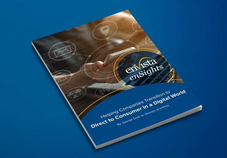 A brochure titled enVista enSights with a subtitle about helping companies transition to direct-to-consumer in a digital world, placed on a blue background. The cover shows a hand touching digital icons.