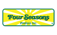 A rectangular logo with a yellow sunburst background. The words Four Seasons appear in green, bold letters, and Produce Inc. in smaller green text below. The logo has a green border.