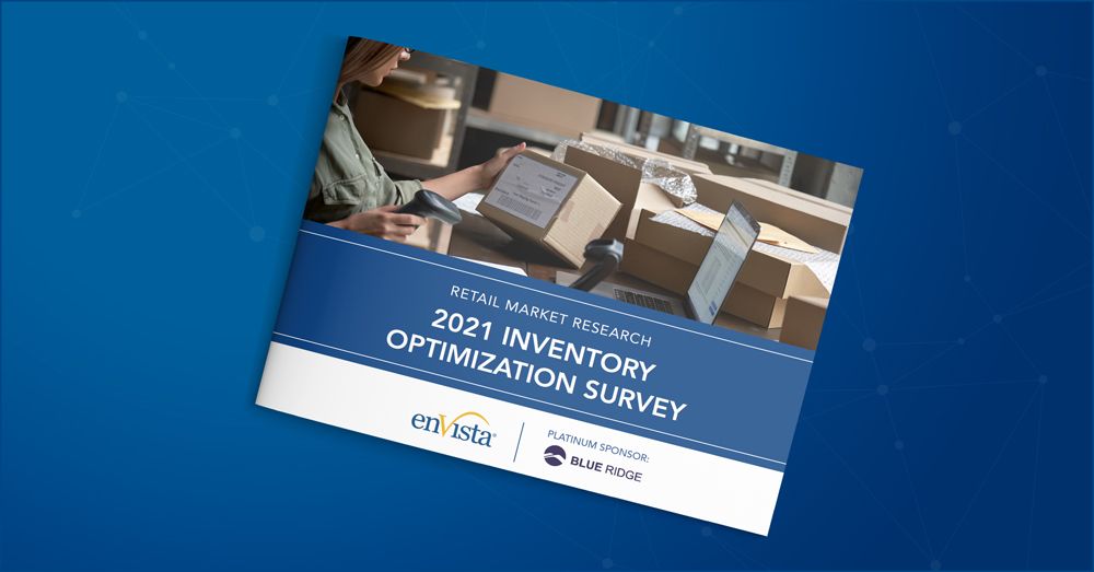 A report titled “2021 Inventory Optimization Survey” lies on a blue background. The cover shows a person handling packages near a laptop. Logos for enVista and Blue Ridge are also visible.