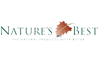 Logo for Natures Best featuring a brown autumn leaf between the words Natures and Best. Below, in smaller text, it reads: The Natural Products Distributor. The background is light gray.